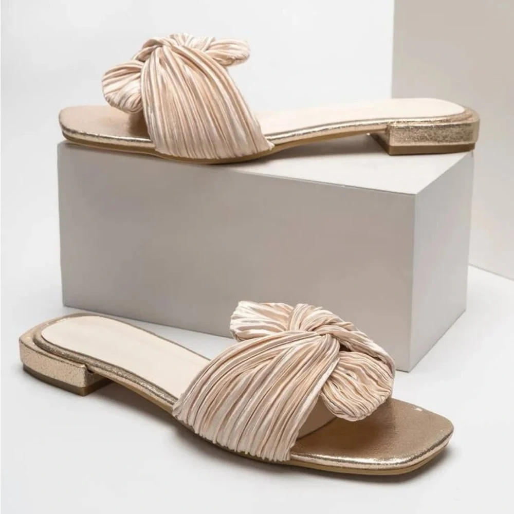 Champagne / gold Twist Decor Fabric Open Toe Slide Sandals